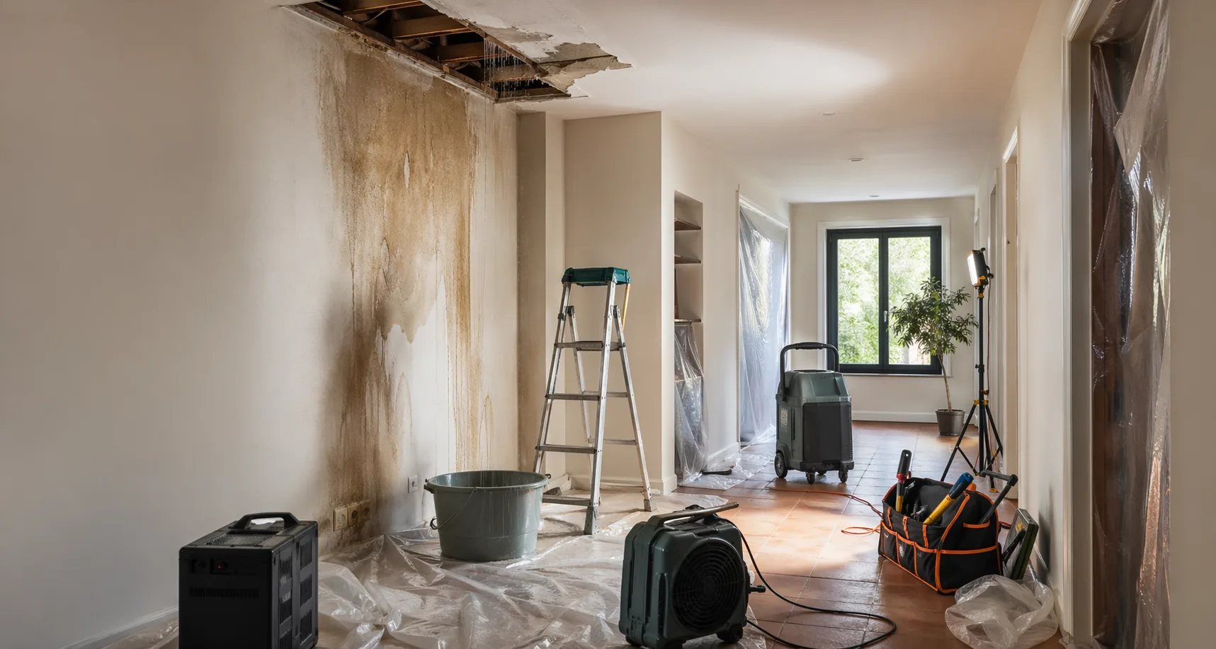 Intervento tecnico per infiltrazione con area protetta e attrezzature pronte all'uso